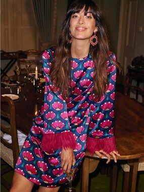 NWT Boden Floral Satin Shift Dress with removable Feather Cuffs